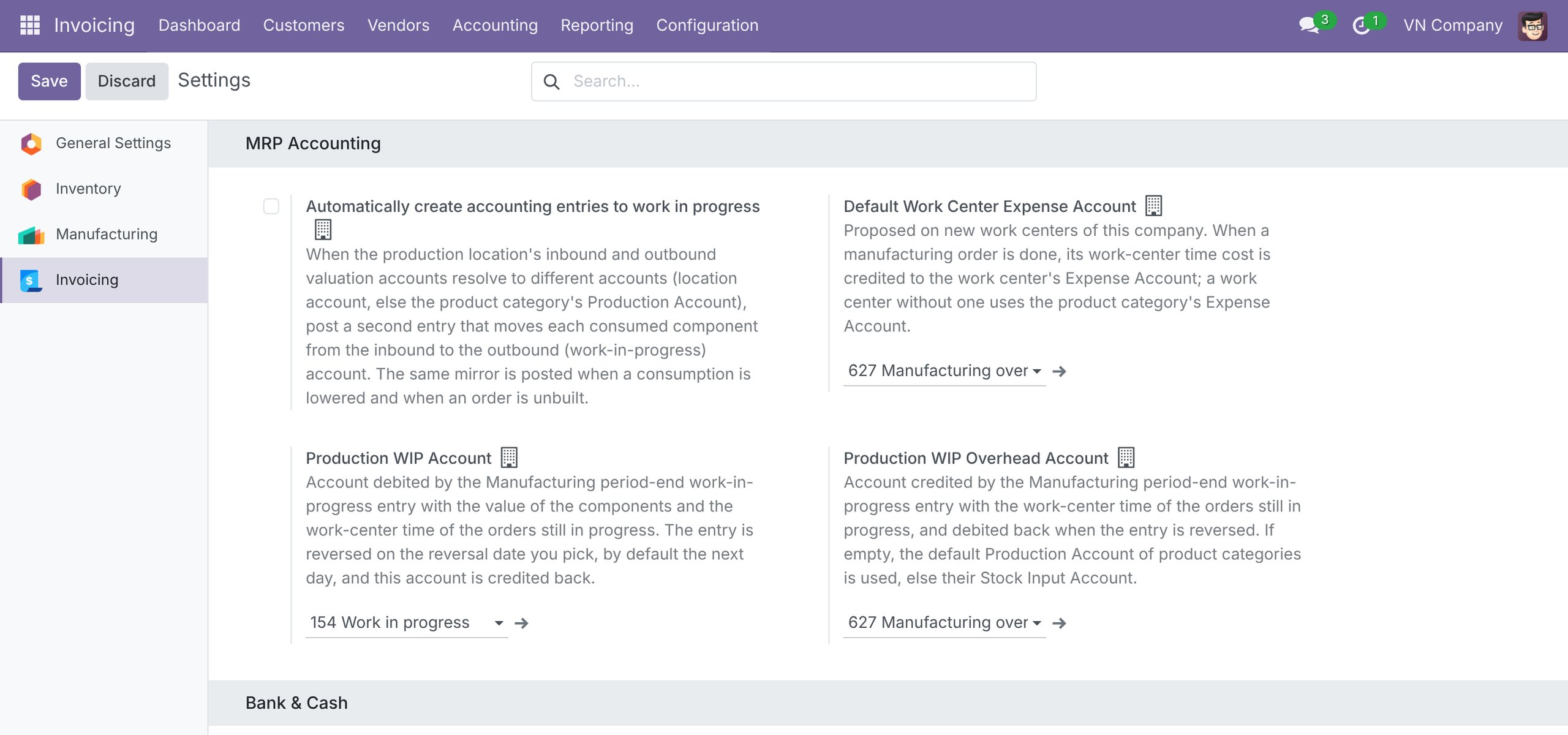 Production WIP accounts in the MRP Accounting settings
