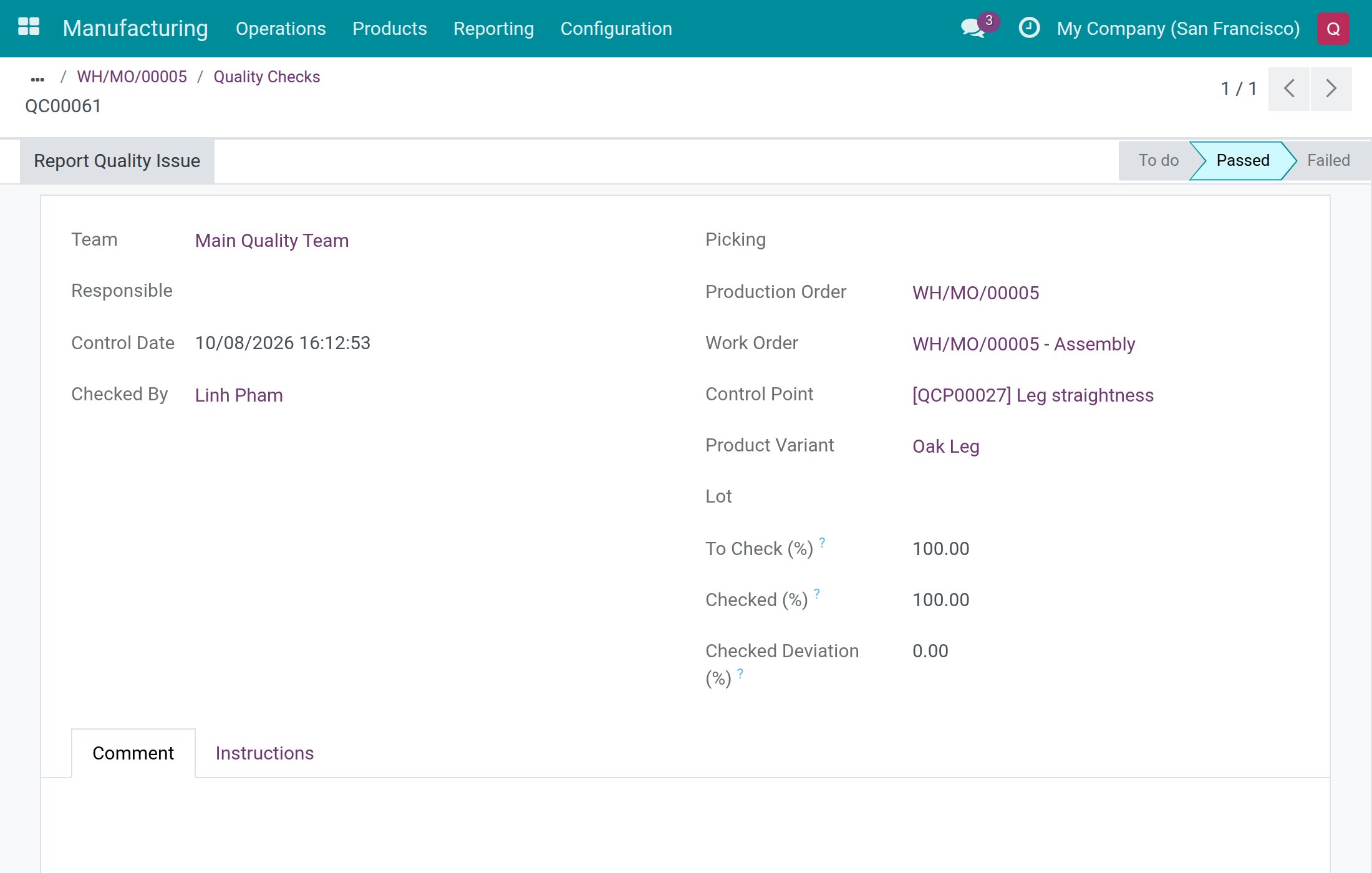Passed check of a done order, seen by a production lead, without Reopen or Re-check