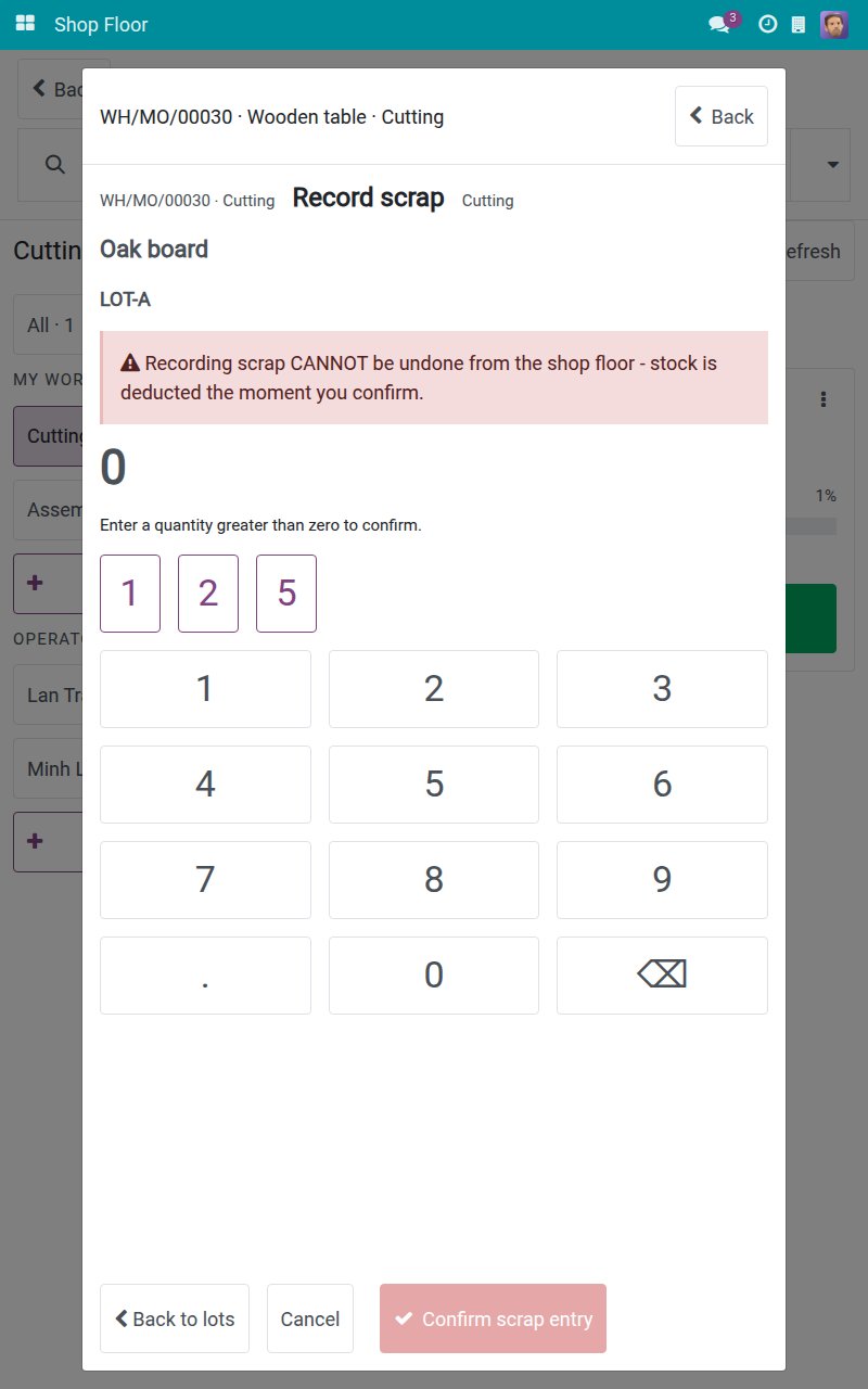 Scrap screen with the warning and the quantity pad