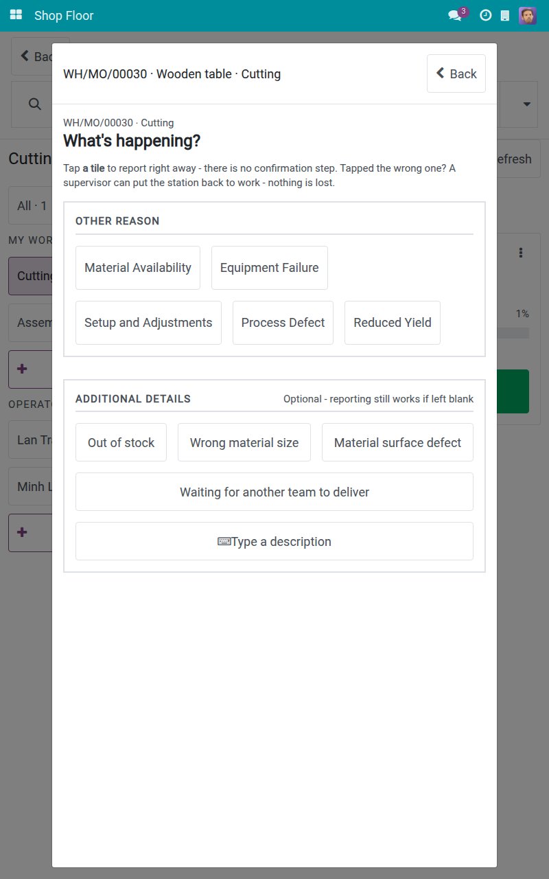 Stop machine screen with the reason tiles