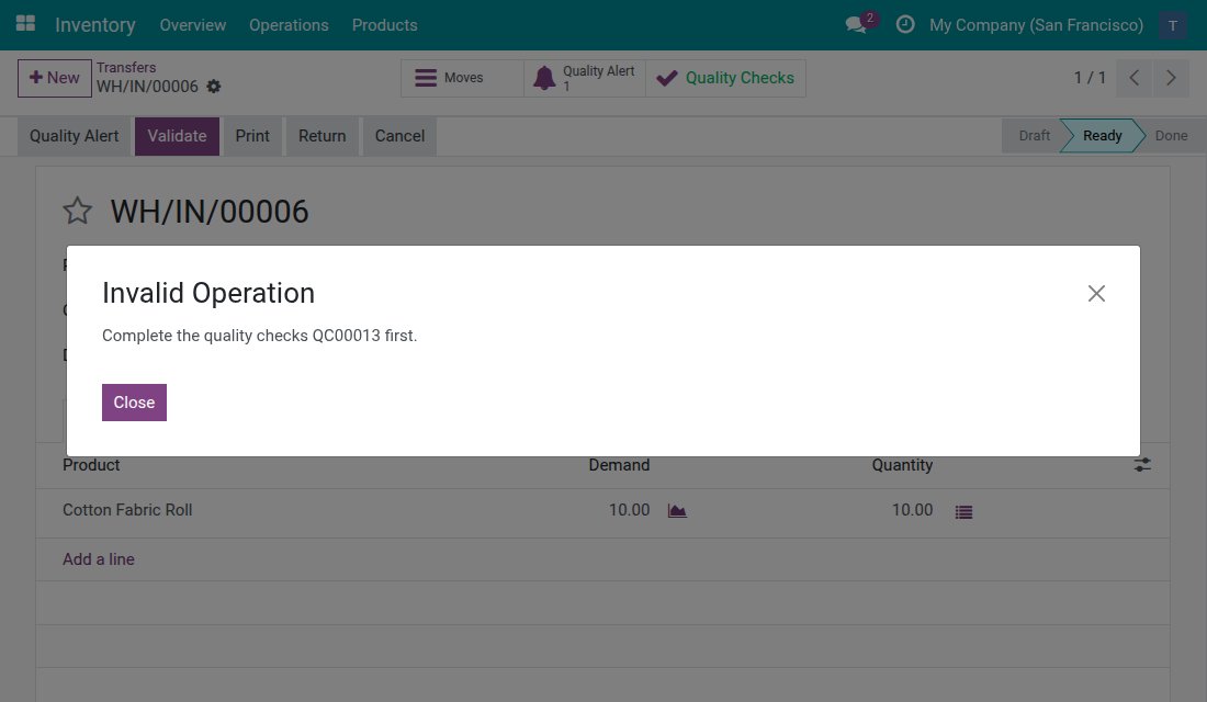 Message listing the quality check that must be completed first