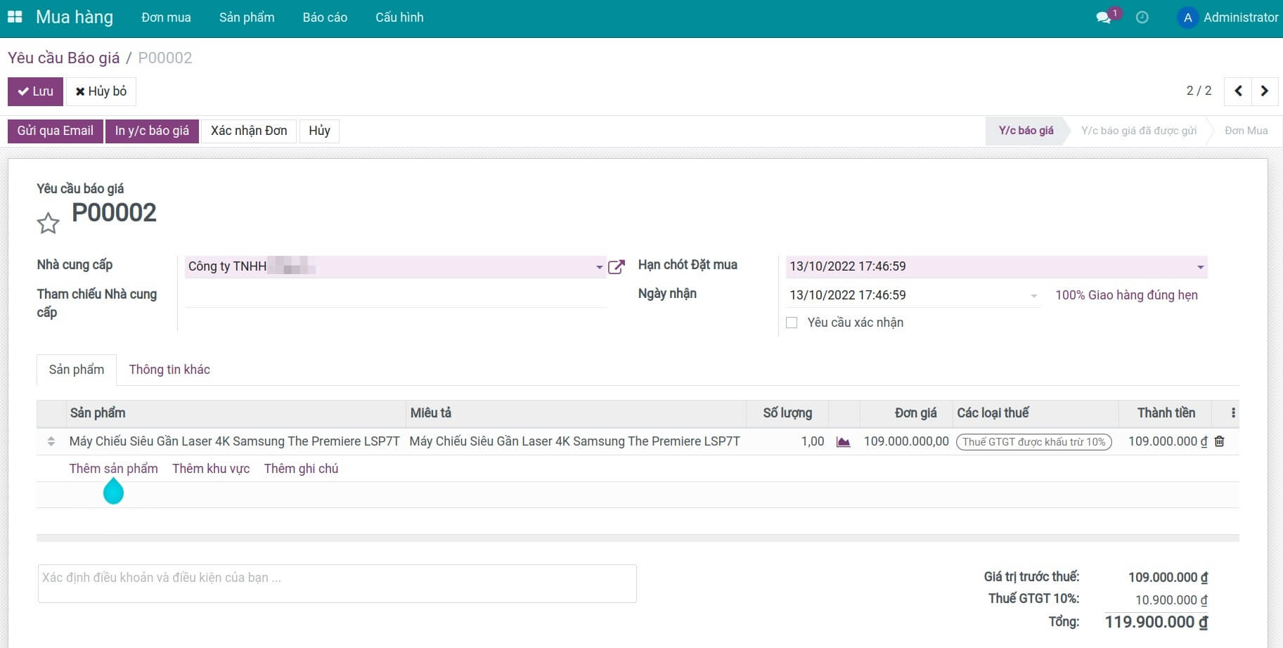 Tạo yêu cầu báo giá và xác nhận đơn mua