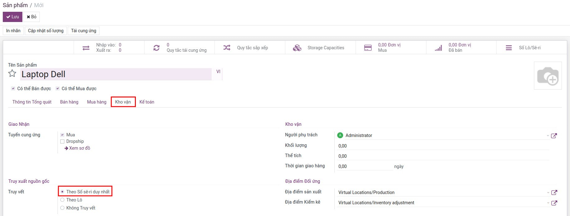 Kích hoạt theo dõi theo lô/sê-ri trên sản phẩm