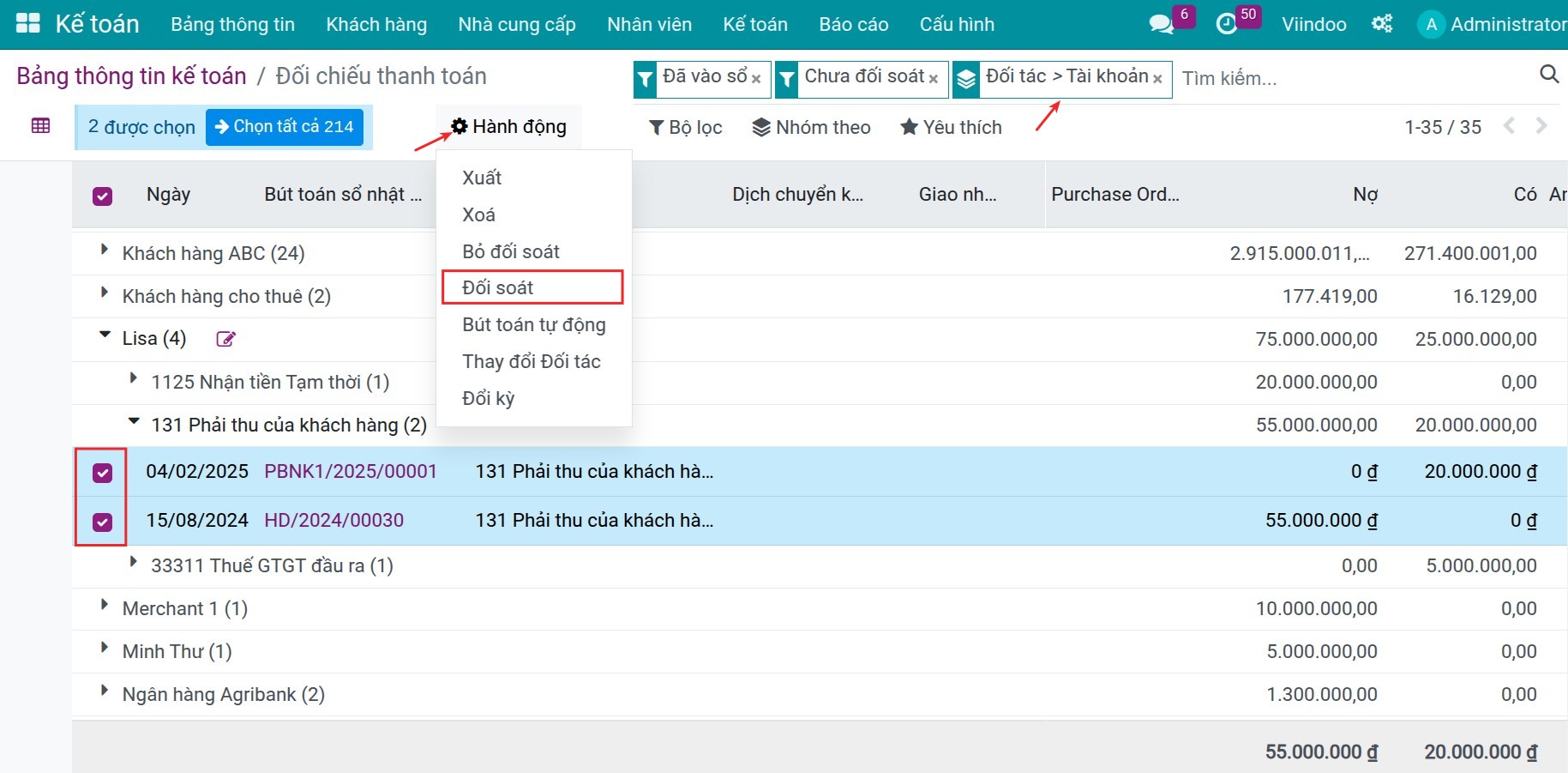 Reconciliation between customer's invoices and their payments.