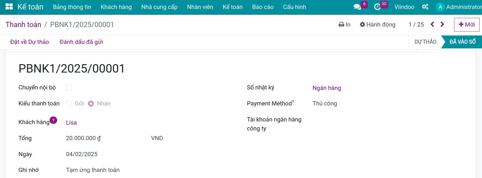 Ghi nhận thanh toán của khách hàng