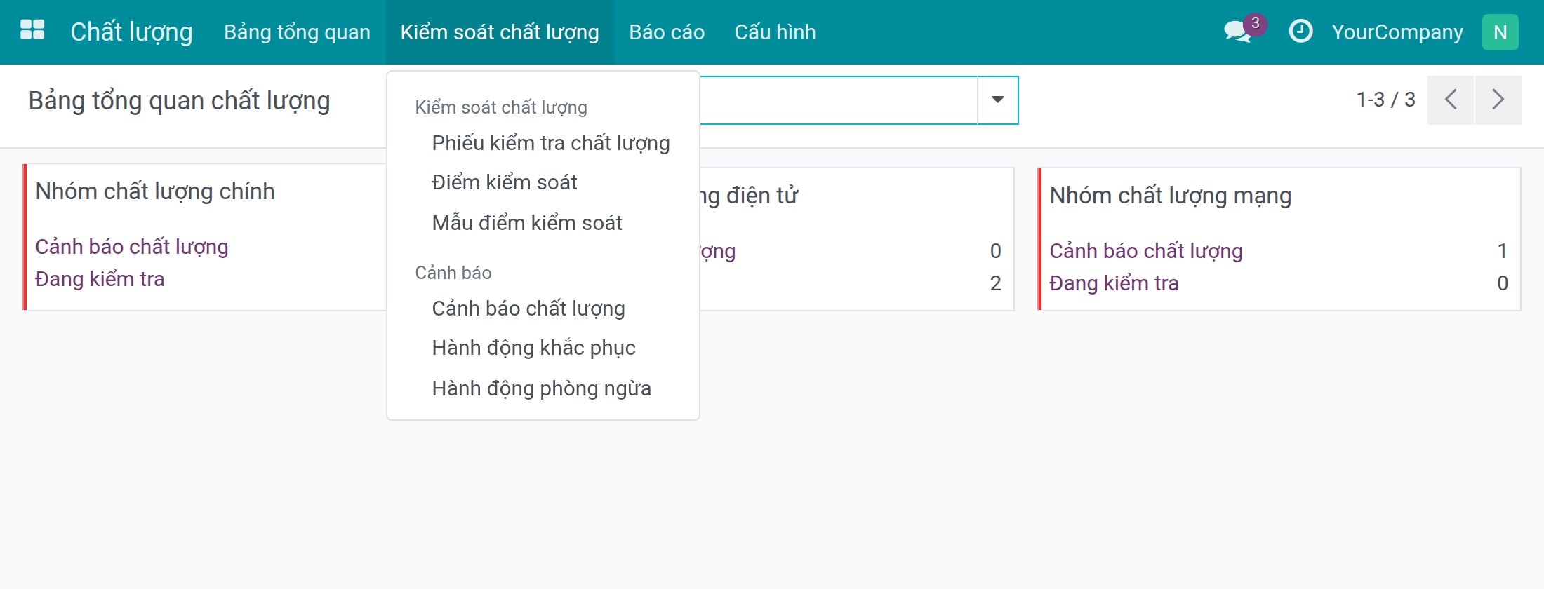 Menu Kiểm soát chất lượng với Phiếu kiểm tra chất lượng, Điểm kiểm soát, Mẫu điểm kiểm soát, Cảnh báo chất lượng, Hành động khắc phục và Hành động phòng ngừa