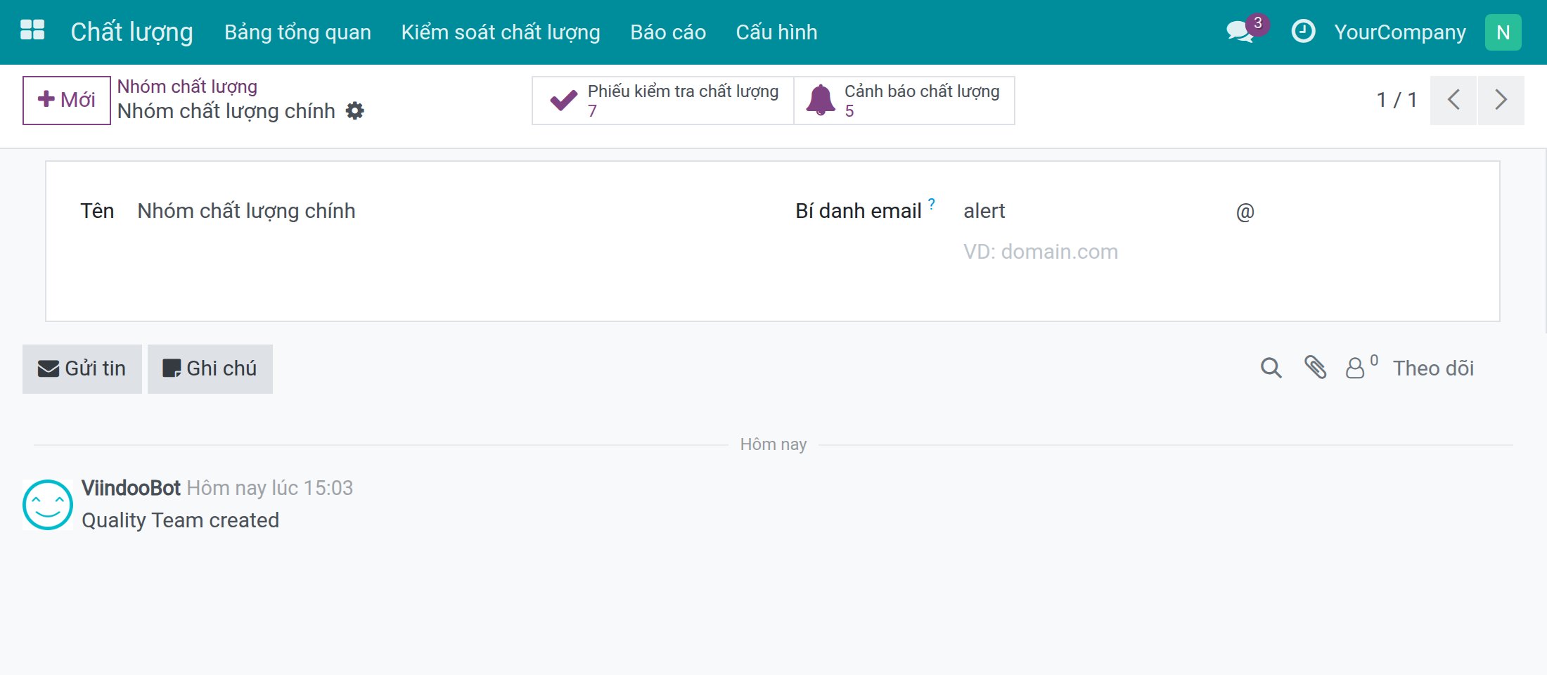 Một nhóm chất lượng với Tên, Bí danh email và các nút Phiếu kiểm tra chất lượng, Cảnh báo chất lượng