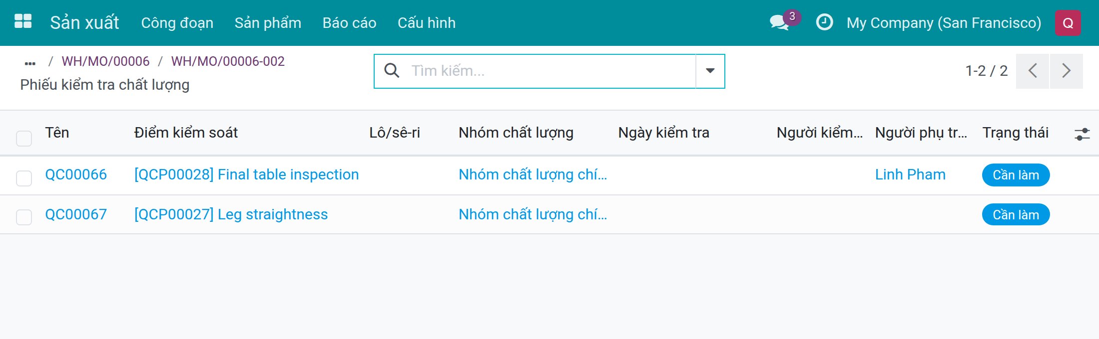 Hai phiếu kiểm tra của lệnh SX phần còn lại, đều Cần làm