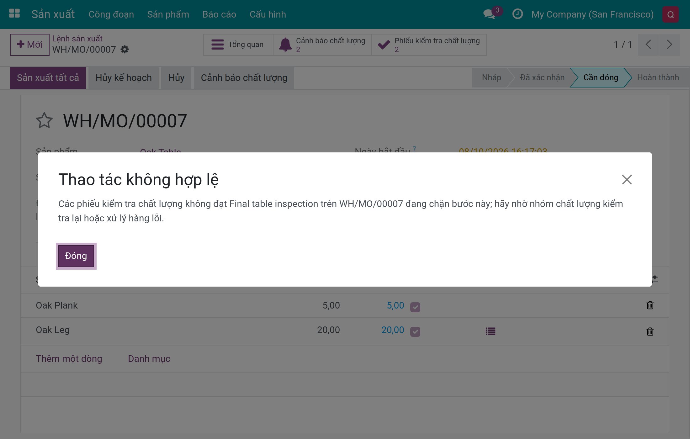 Thông báo từ chối hoàn thành lệnh vì Final table inspection không đạt