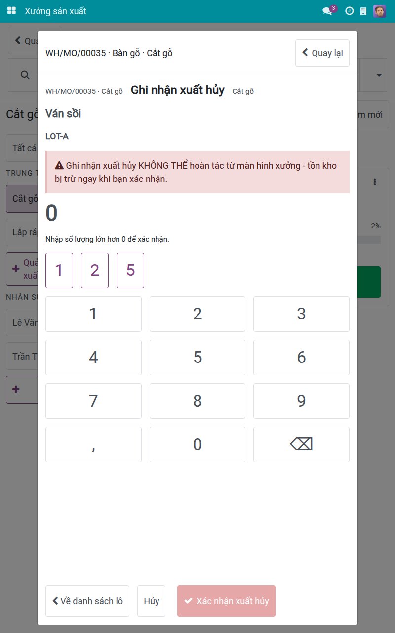 Màn hình xuất hủy với cảnh báo và bàn phím số lượng