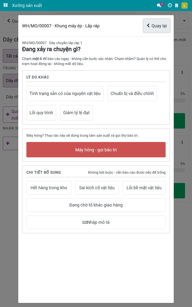 Màn hình dừng máy với nút Máy hỏng - gọi bảo trì