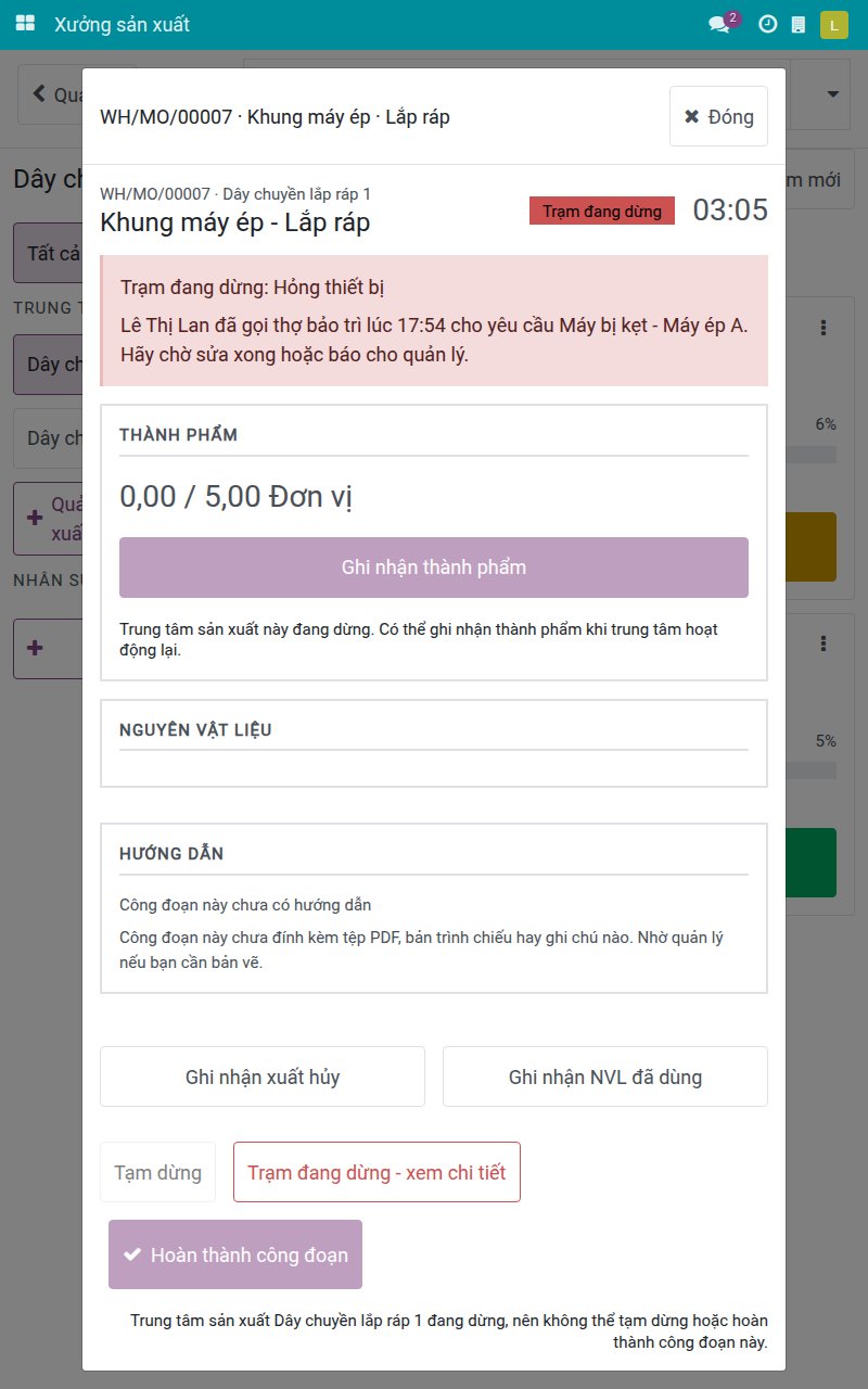 Màn hình công đoạn với dải Trạm đang dừng và tên người đã gọi thợ bảo trì
