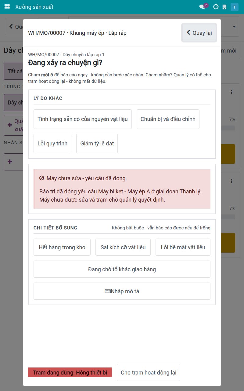 Thông báo Máy chưa sửa với nút Cho trạm hoạt động lại