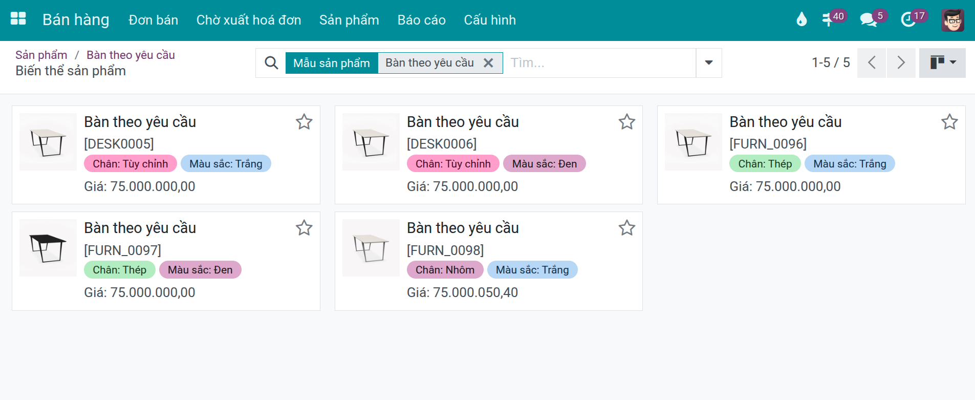 viinCRM Sản phẩm và cấu hình bán hàng